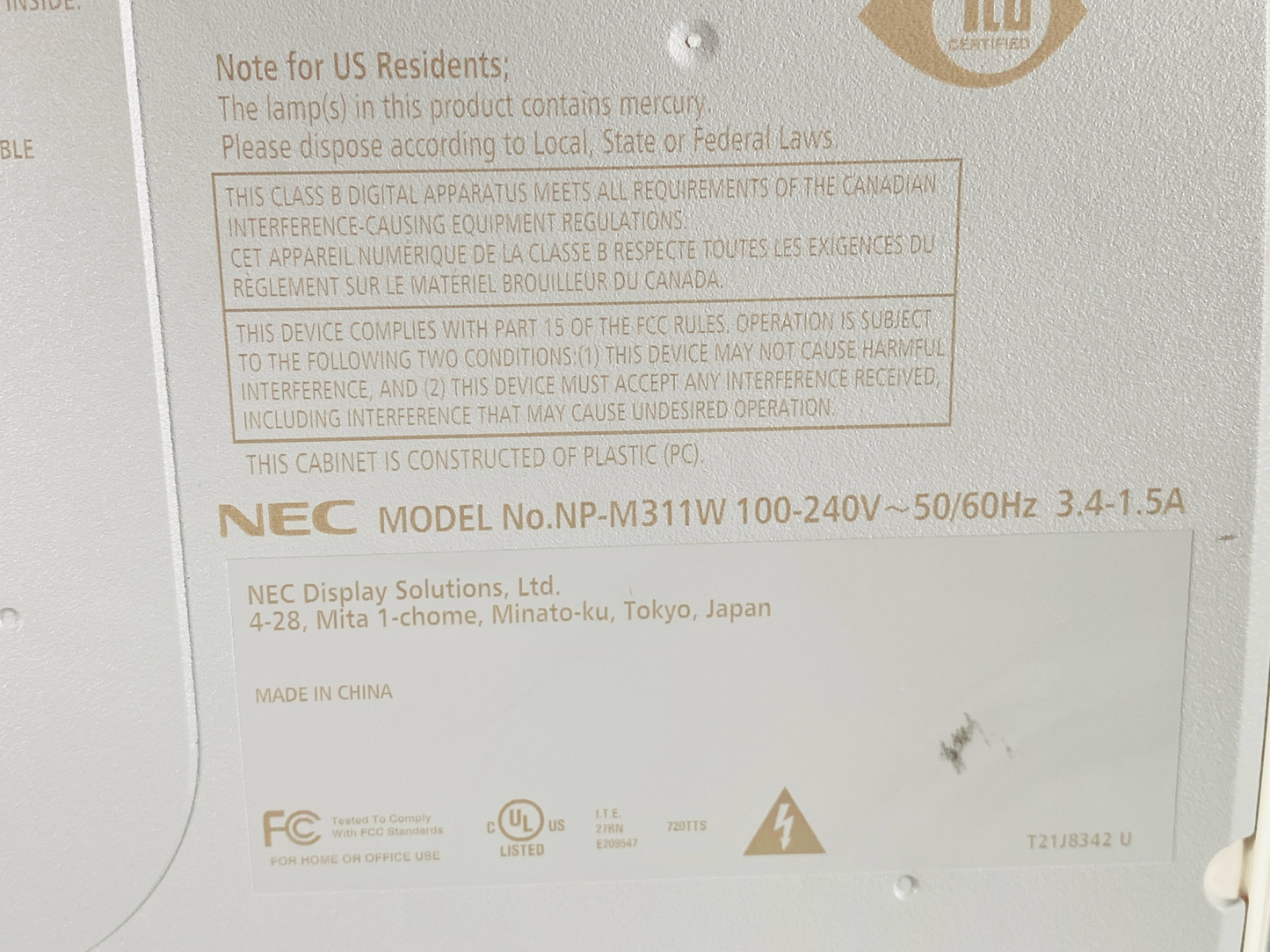 NEC NP-M311W 3LCD Projector 3,100 Lumens Full HD WXGA HDMI