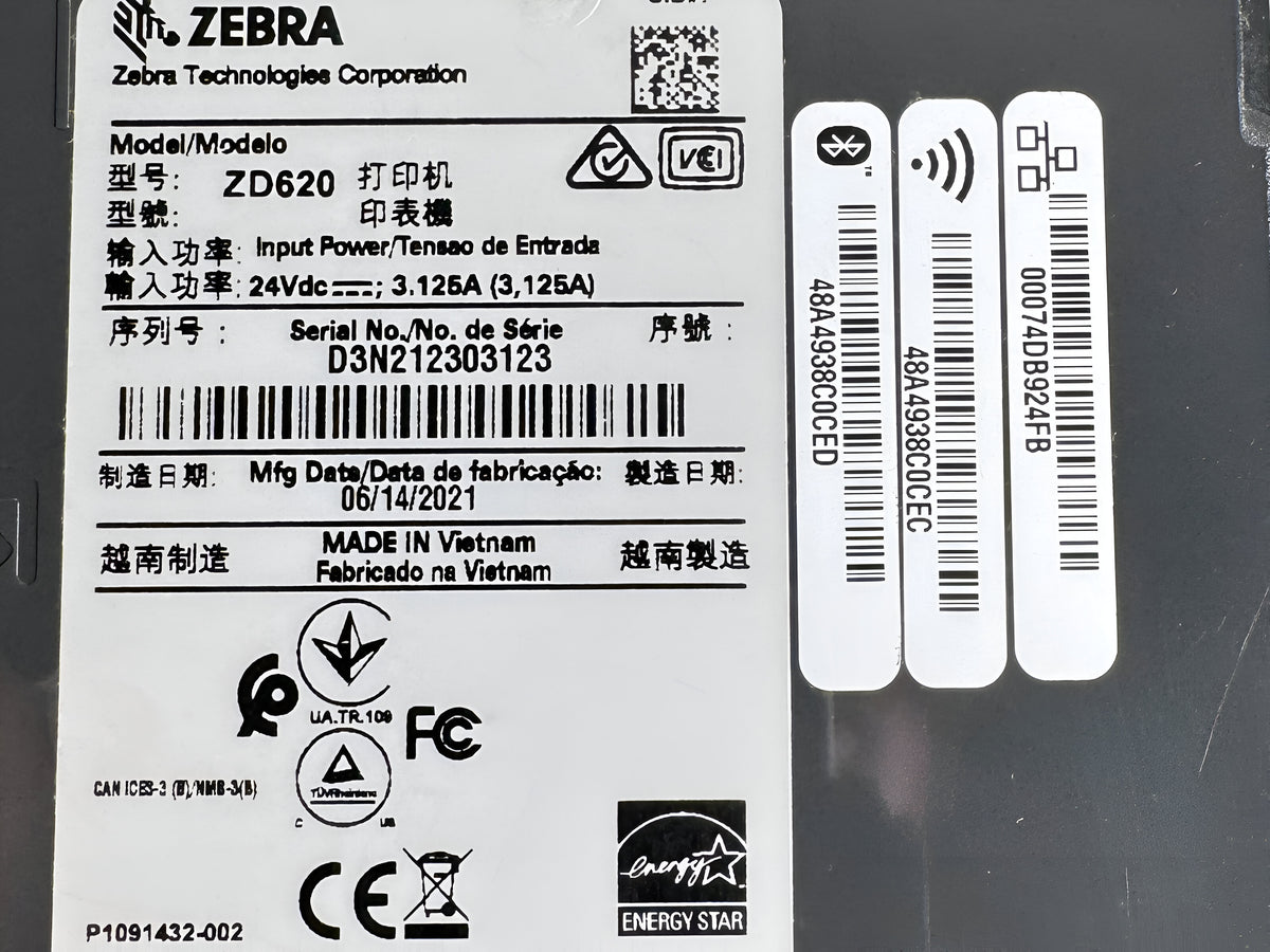 Zebra ZD620 ZD620d 203 DPI Direct Thermal Desktop Label Printer - Ethernet LAN USB