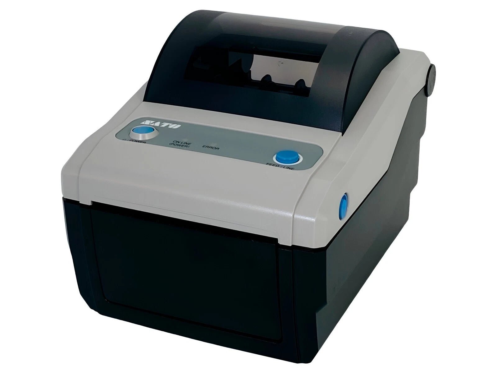 Angled front view of desktop label printer housing