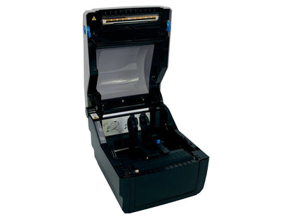 Angled view of open printer showing label compartment