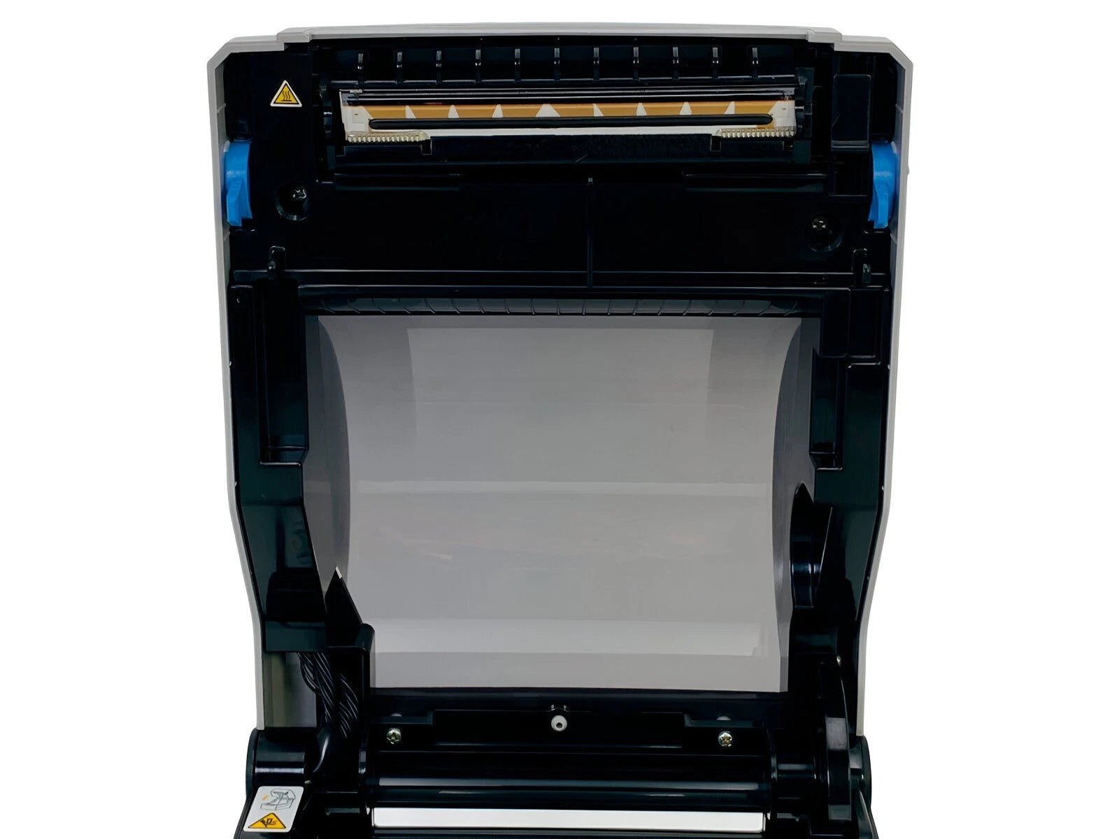 Printer with cover open showing direct thermal printhead and media path