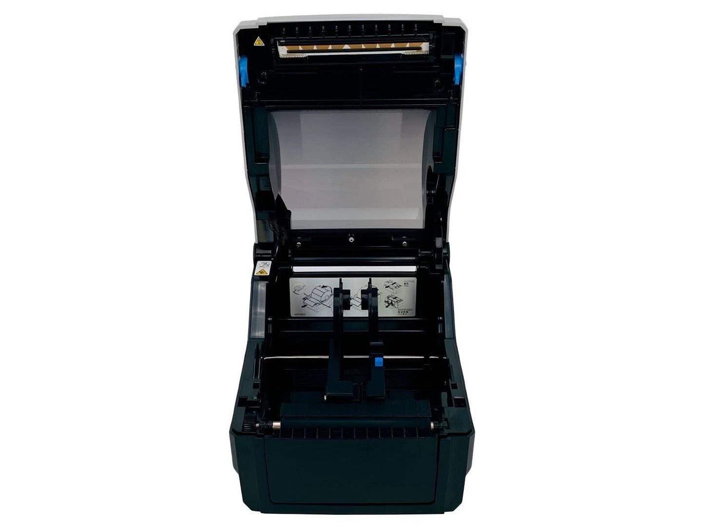 Front view with top cover lifted and internal components visible