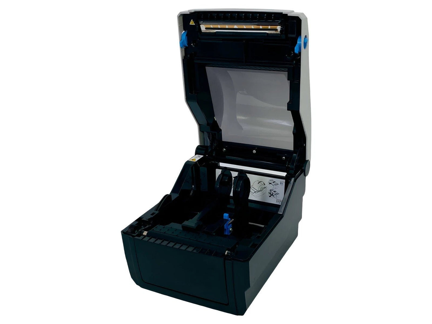 Right angle view of open label printer interior