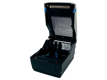 Right angle view of open label printer interior