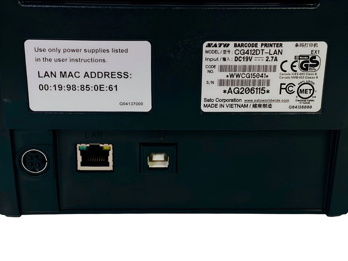 Rear panel showing LAN Ethernet port USB port and power input