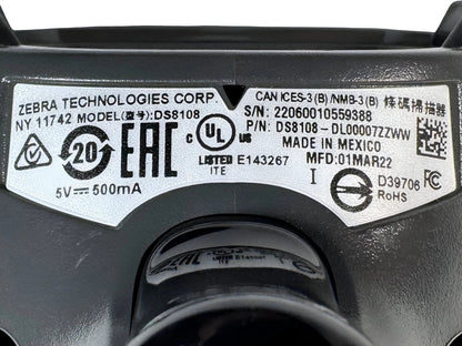 Model label with serial number and regulatory markings