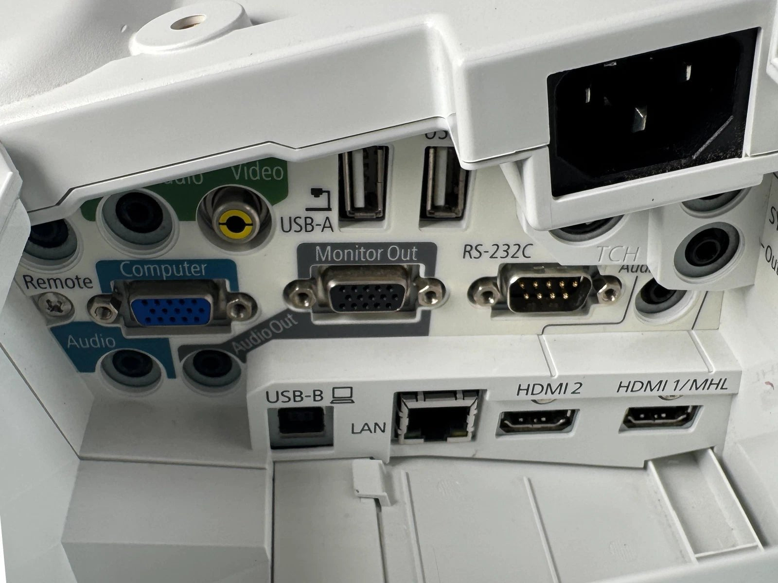 UST projector rear connection panel with HDMI VGA USB LAN and audio ports