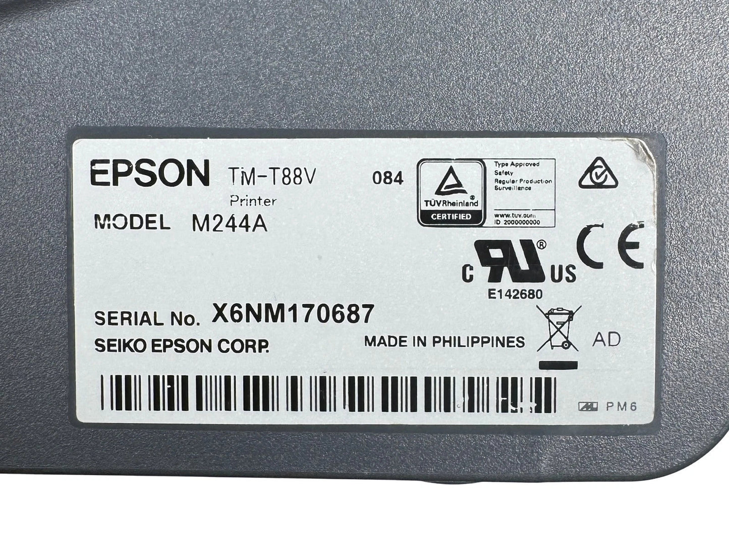 Epson TM-T88V printer serial number and model label