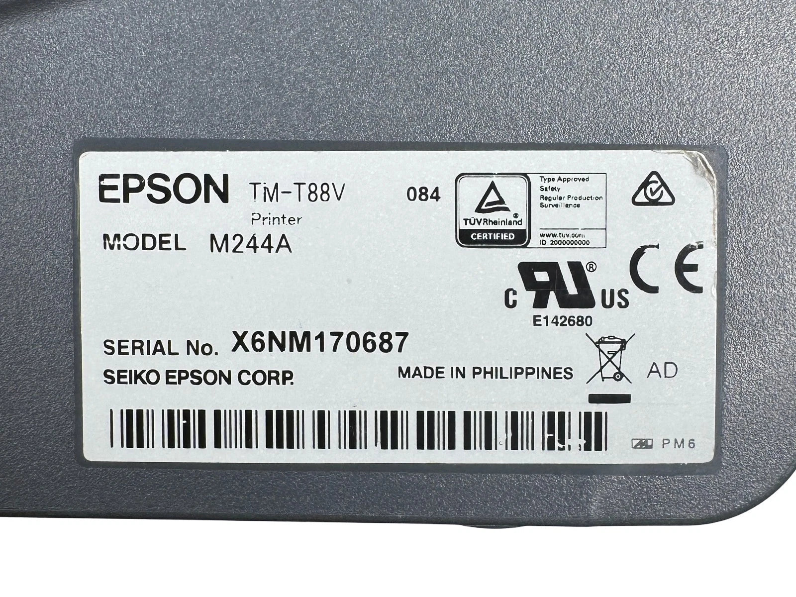 Epson TM-T88V printer serial number and model label