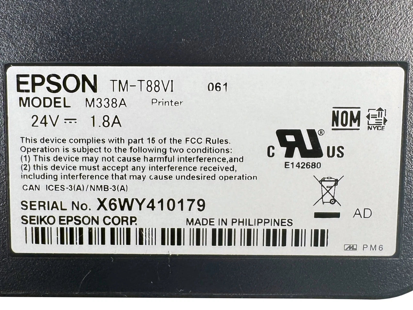 Epson TM-T88VI printer serial number and model label