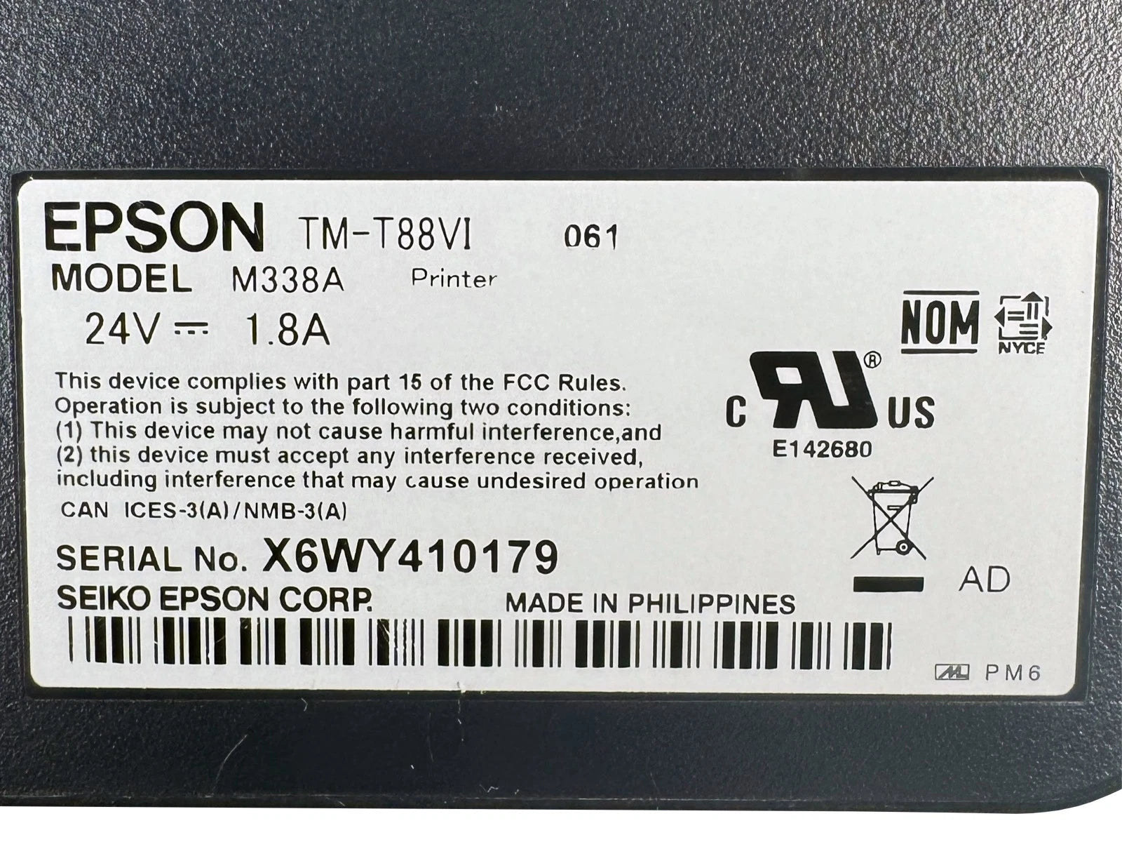 Epson TM-T88VI printer serial number and model label