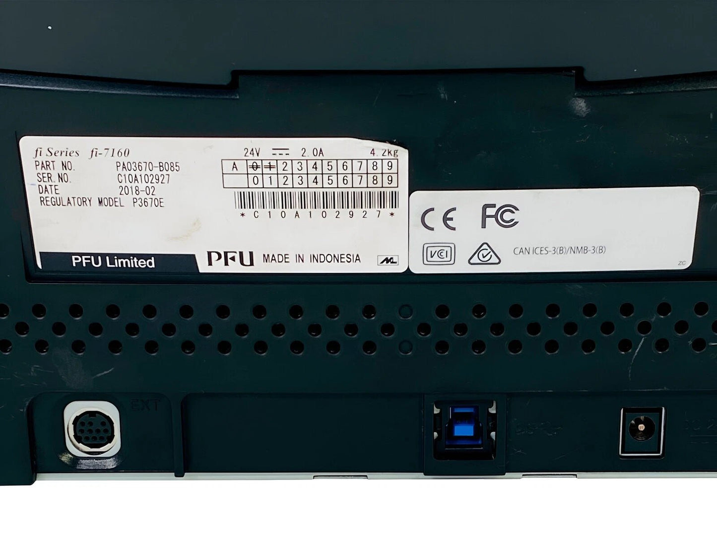 Document scanner rear label and USB connection ports