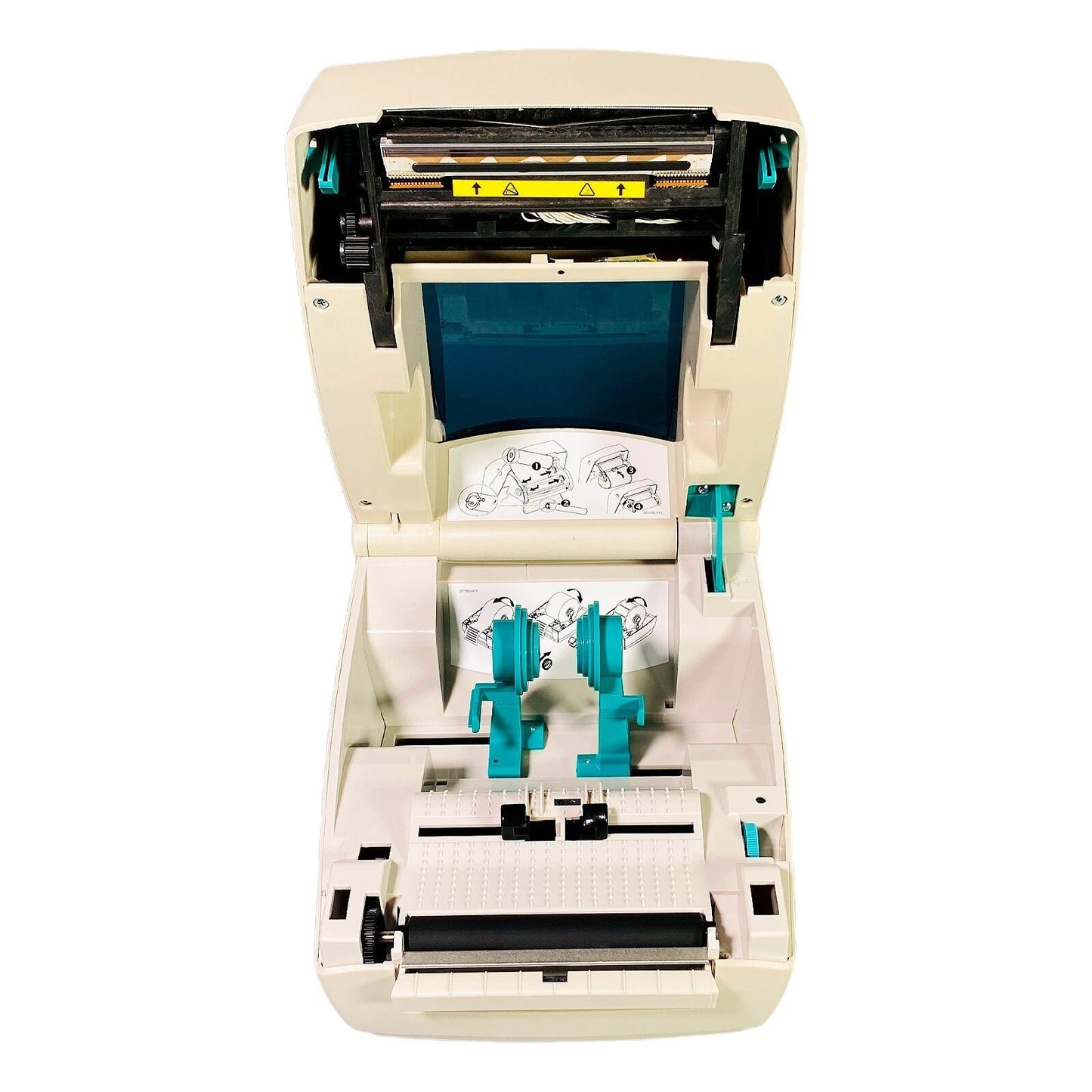 Open cover showing internal ribbon and label path mechanism