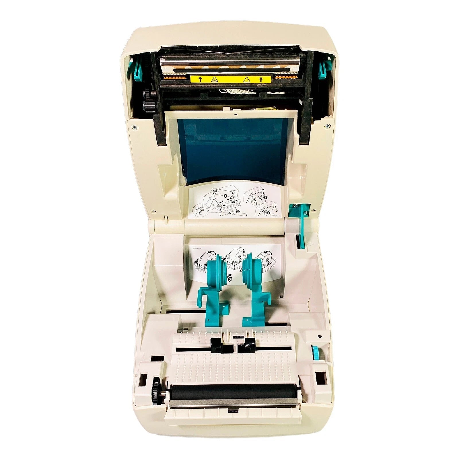 Open cover showing internal ribbon and label path mechanism