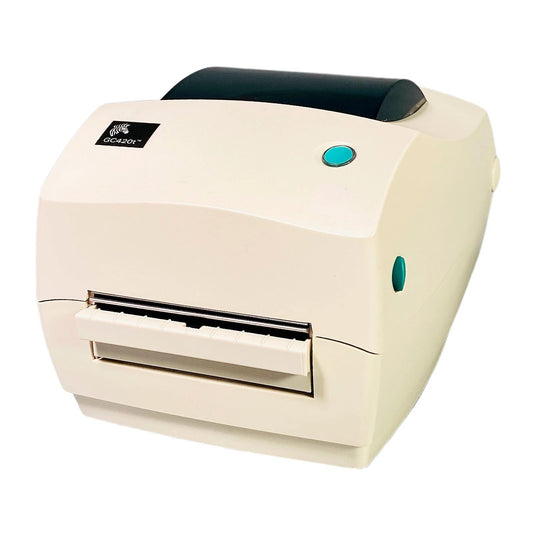 Zebra GC420T GC420-100511-000 Thermal Transfer Barcode Printer with Dispenser USB Serial Parallel front left view
