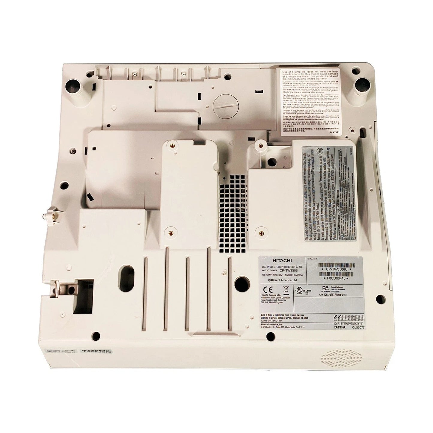 Projector bottom view with mounting points and service panels