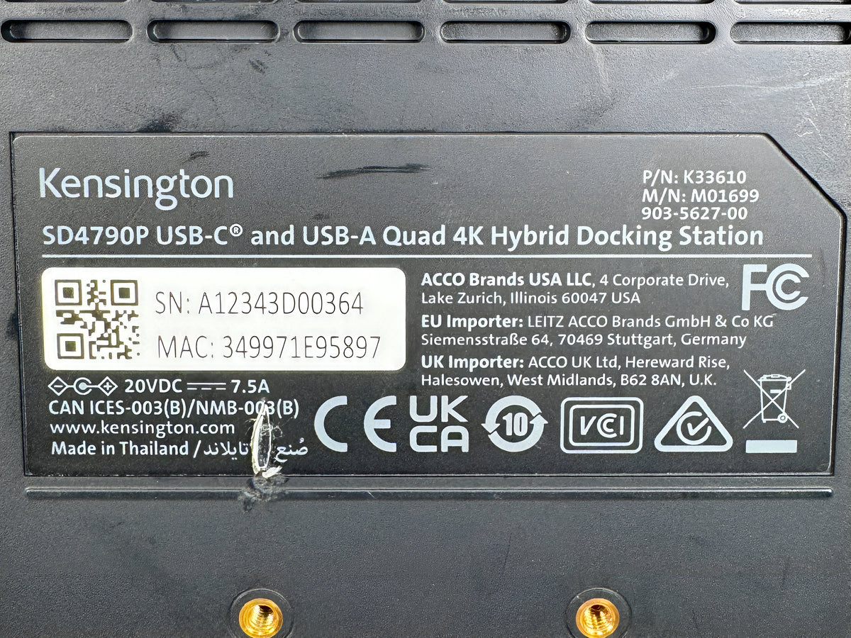 Kensington SD4790P USB-C and USB-A Quad 4K Hybrid Docking Station, DisplayPort, HDMI, USB-C, USB-A, Power Delivery, K33610