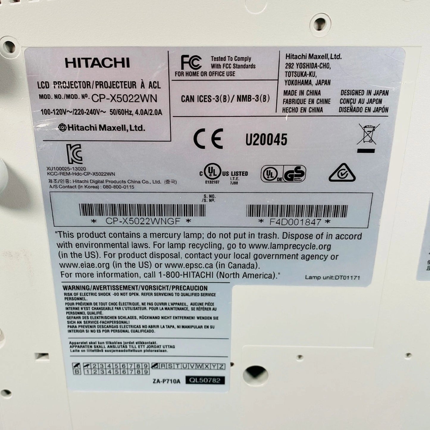 Lot of 2 Hitachi CP - X5022WN 5000 Lumens 3LCD Projector – Lens Shift, HDMI