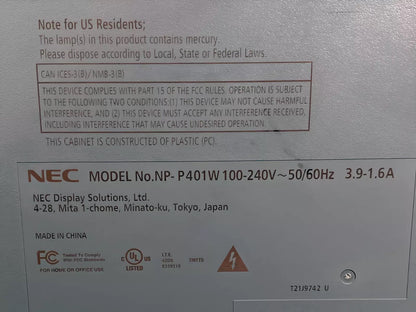 NEC P401W 3LCD Projector for Home Theatre WXGA FHD 4,000 Lumens - TeKswamp