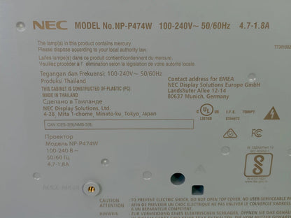 NEC P474W NP - P474W 3LCD Projector – 4700 Lumens, WXGA, Lens Shift, NP44LP