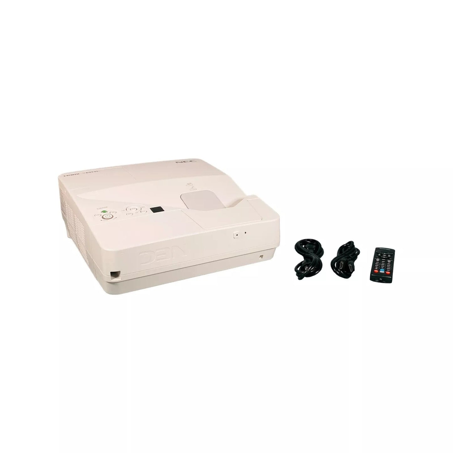 NEC UM351W 3LCD Ultra Short Throw Projector 3500 Lumens WXGA with HDMI LAN and 1080p Support front view with power cable and remote