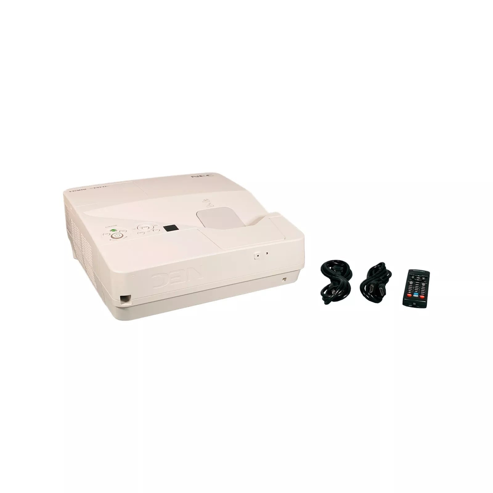 NEC UM351W 3LCD Ultra Short Throw Projector 3500 Lumens WXGA with HDMI LAN and 1080p Support front view with power cable and remote