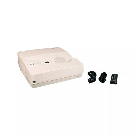 NEC UM351W 3LCD Ultra Short Throw Projector 3500 Lumens WXGA with HDMI LAN and 1080p Support front view with power cable and remote
