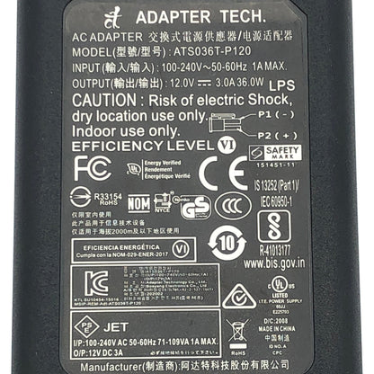 NEW Original Adapter Tech. ATS036T - P120 36W AC Power Adapter – 12V 3A 2 - Pin Charger