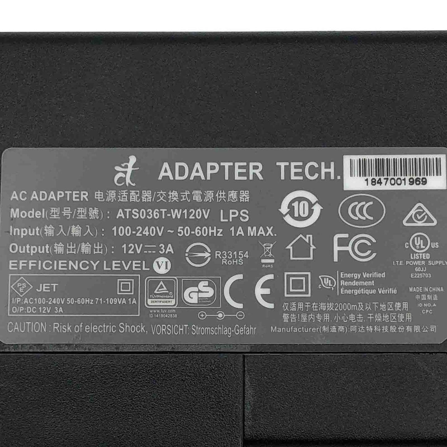 Original Adapter Tech ATS036T - W120V 36W AC Adapter 12V 3A Charger