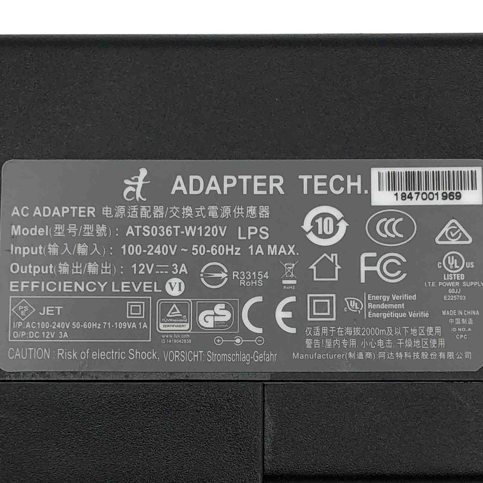 Original Adapter Tech ATS036T - W120V 36W AC Adapter 12V 3A Charger