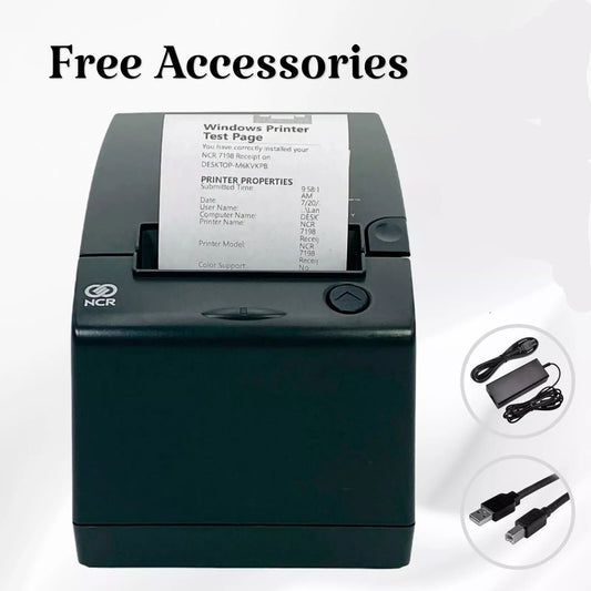 NCR printer with test page, free accessories offer, and warranty badge on a white background