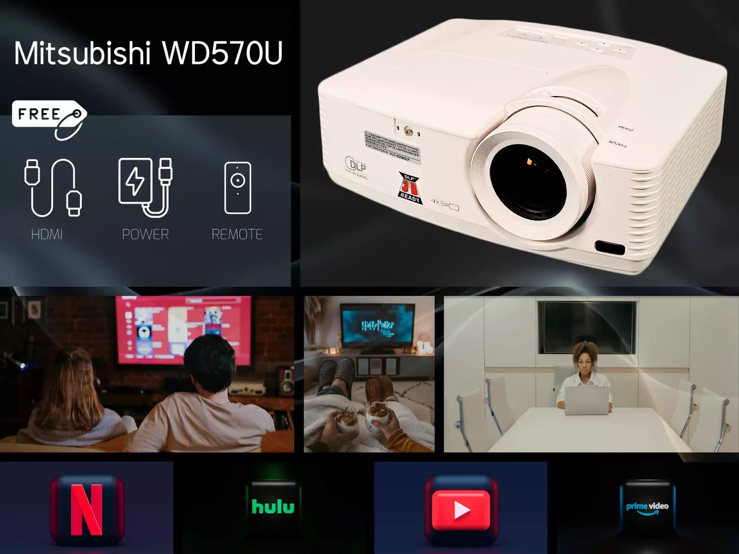 Mitsubishi WD570U DLP Projector 3500 Lumens Home Theater Full HD 3D Ready WXGA