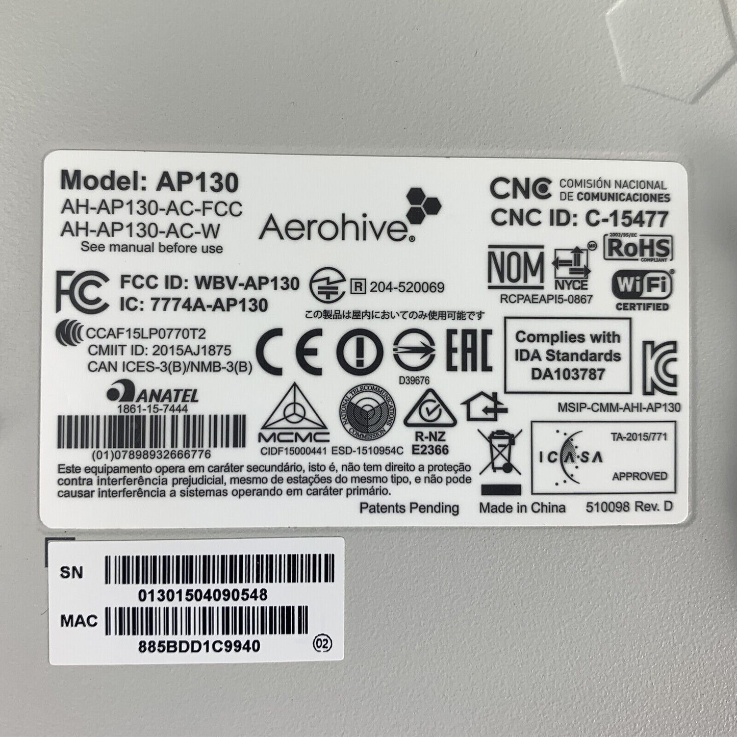 Aerohive AP130 Dual Band WiFi 802.11ac Wireless Access Point AH-AP130-AC-FCC PoE