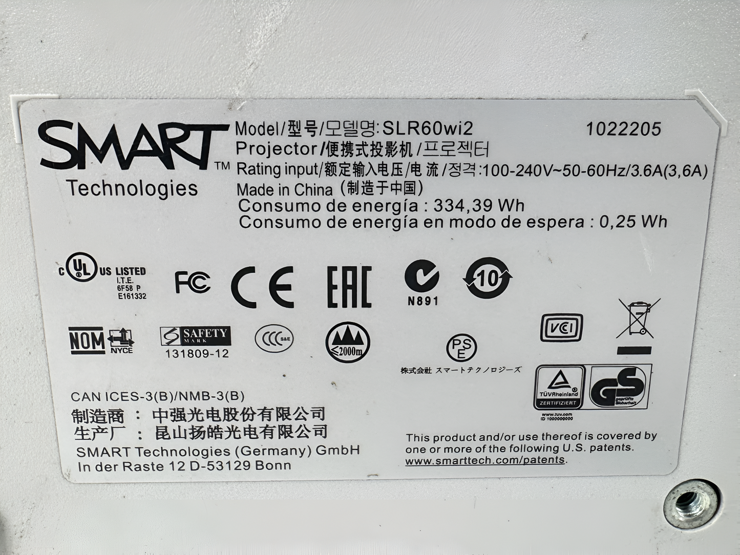 SMART 60wi2 WXGA DLP Projector Ultra Short Throw 3000 ANSI Interactive HD HDMI Remote
