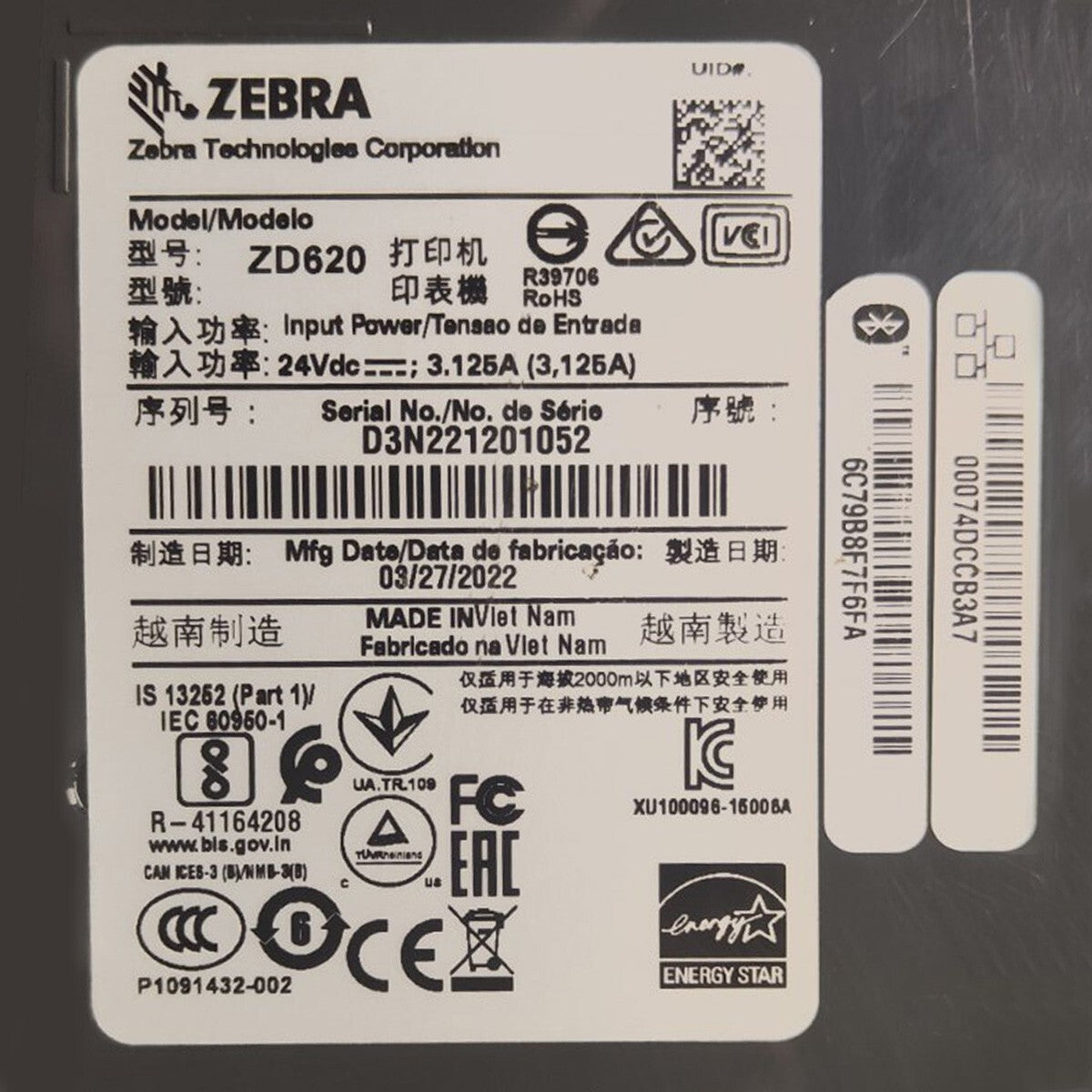 Zebra ZD620 Direct Thermal Barcode Label Printer Cutter