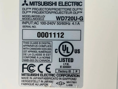 Mitsubishi WD720U-G DLP 4K Projector 4300 Lumens Quiet Operation PC 3D Ready