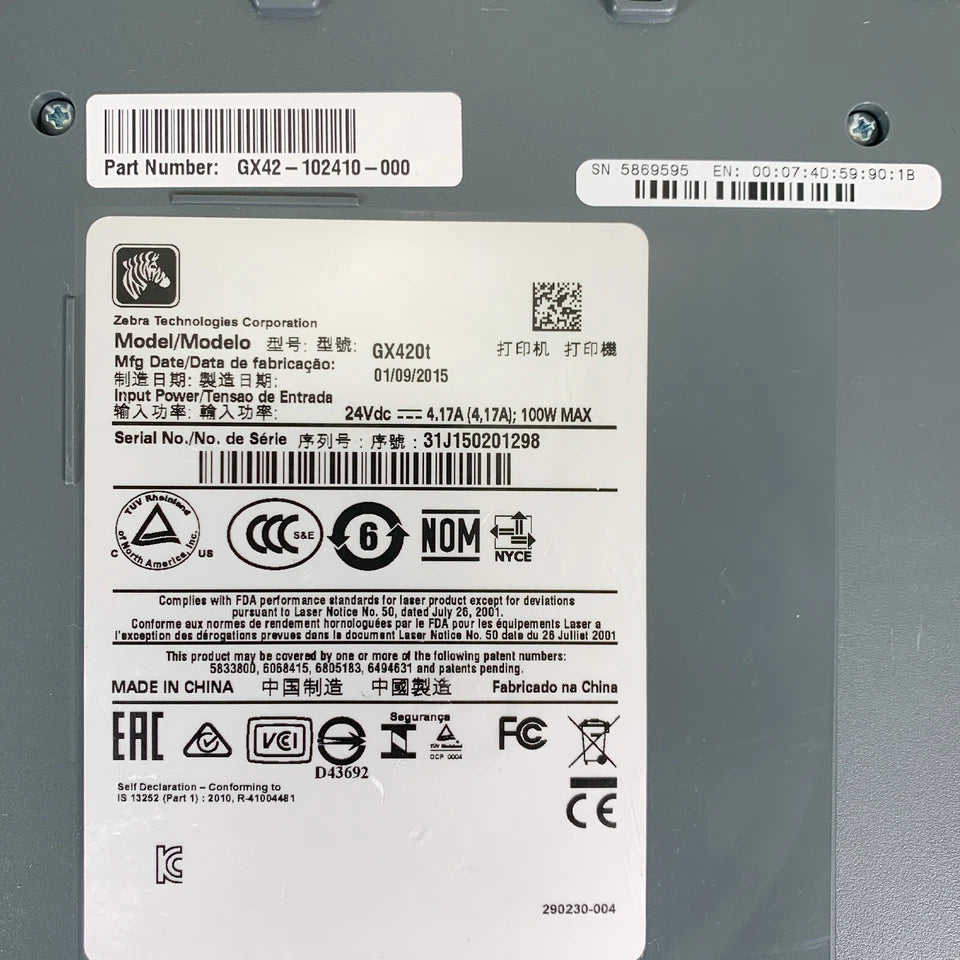 TESTED Zebra GX420T Thermal Transfer Barcode Label Printer USB Ethernet