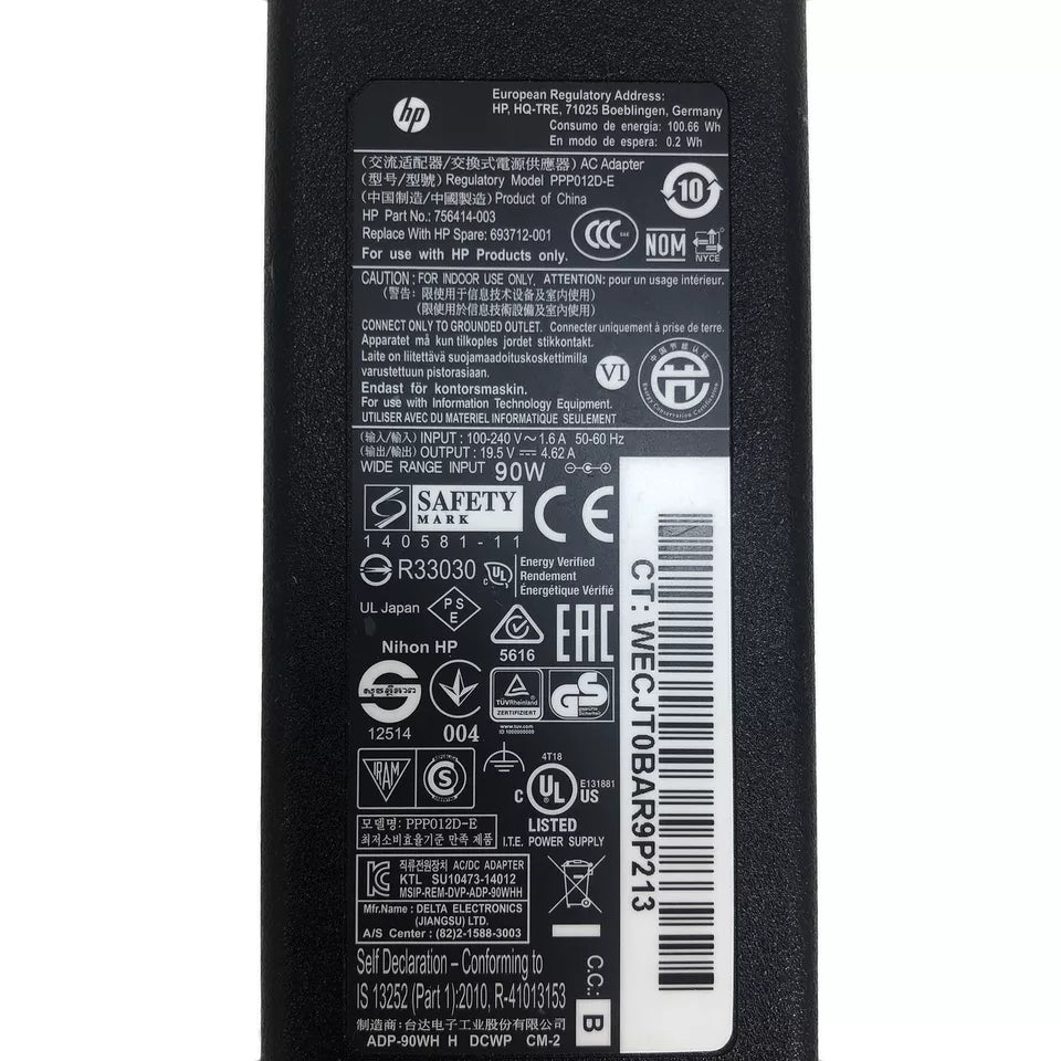 Genuine HP 90W AC Adapter Model PPP012D-E P/N 756414-003 19.5V 4.62A OEM Charger