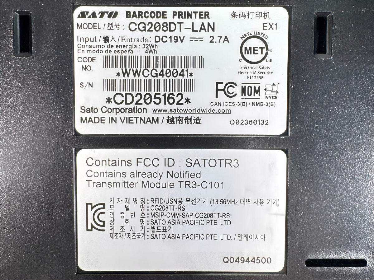 SATO CG208DT-LAN Direct Thermal Barcode & RFID Printer (203 dpi, USB / LAN)