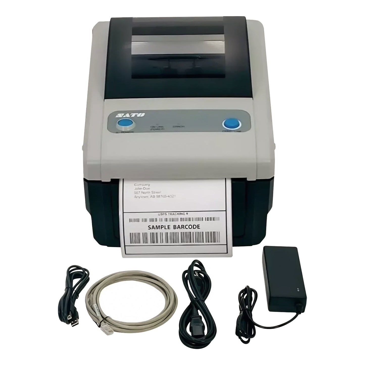 SATO CG412DT WWCG15041 300 DPI Direct Thermal Label Printer with LAN and USB connectivity front view with power adapter and cables