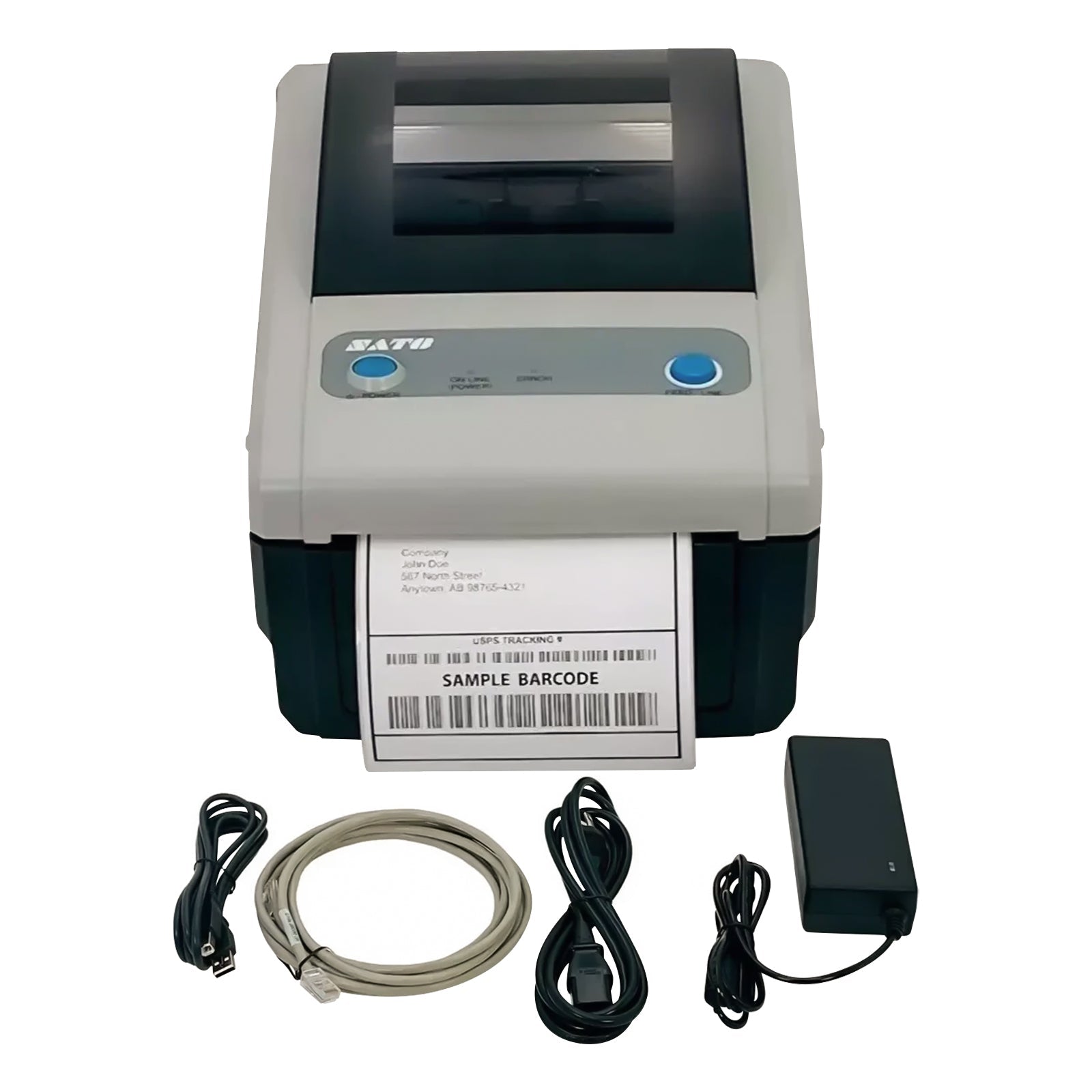 SATO CG412DT WWCG15041 300 DPI Direct Thermal Label Printer with LAN and USB connectivity front view with power adapter and cables