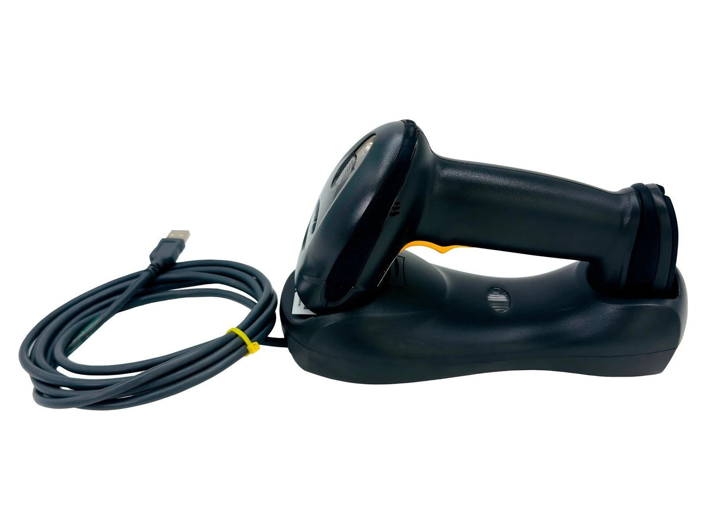 Handheld barcode scanner docked in cradle angled perspective