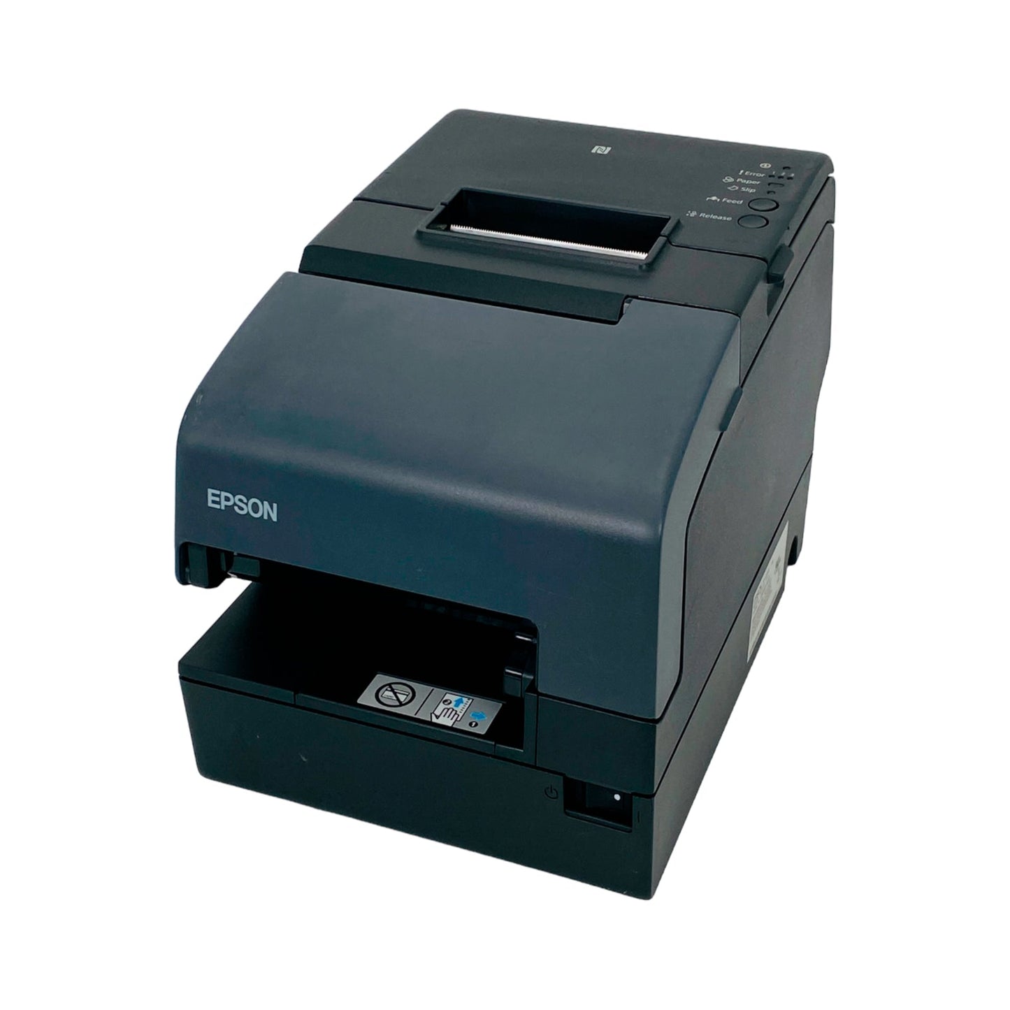 Angled front view of POS receipt printer housing