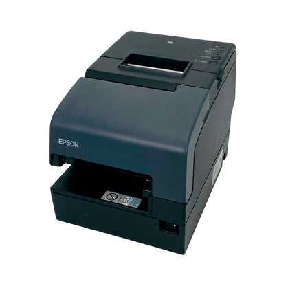 Angled front view of POS receipt printer housing