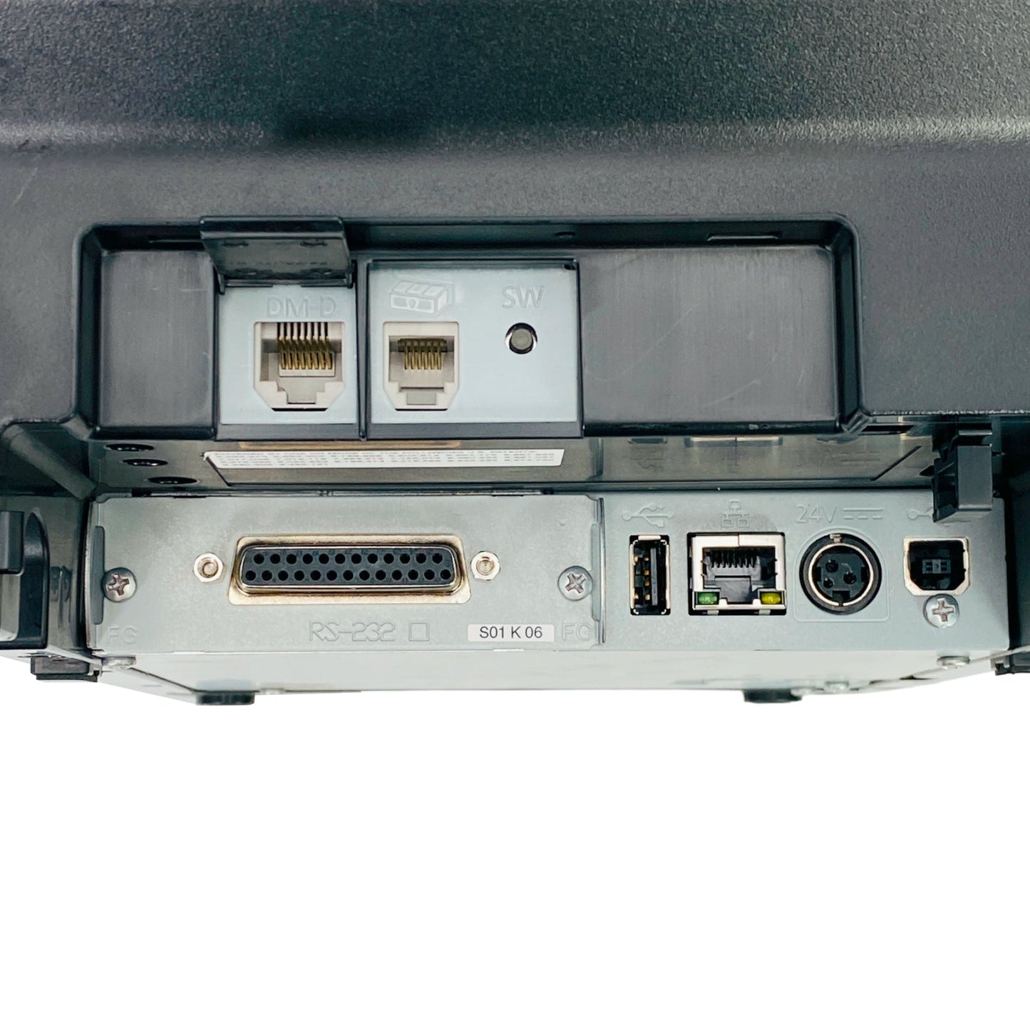 Rear panel showing USB LAN cash drawer and interface ports