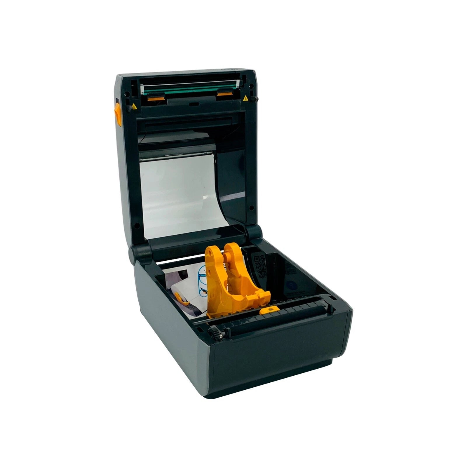 Printer with cover open showing internal label path and printhead area