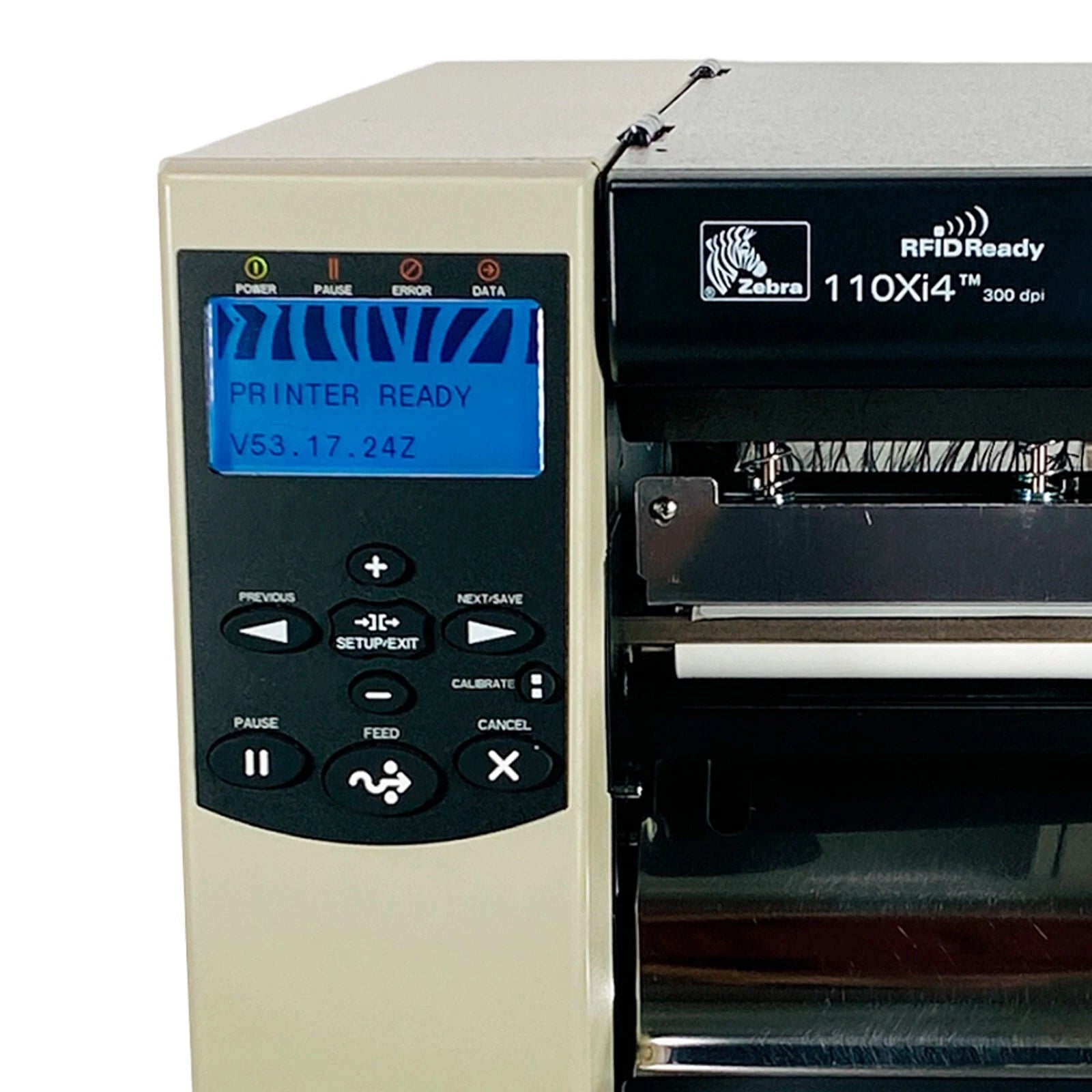 Industrial label printer control panel with LCD display and buttons