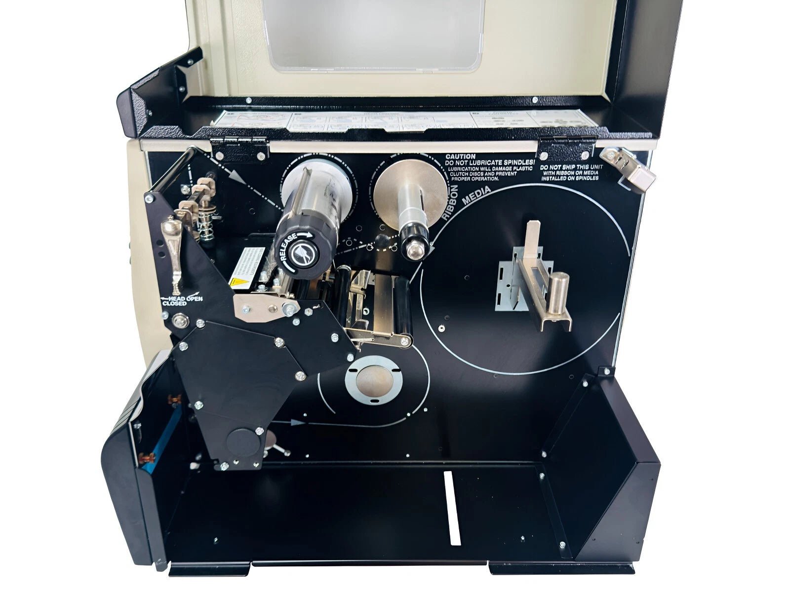 Industrial printer internal ribbon and media assembly