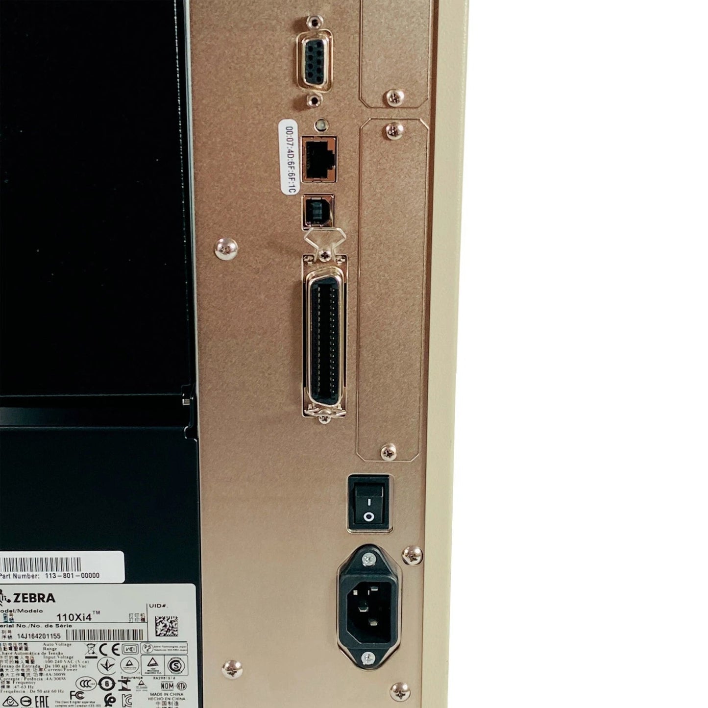 Thermal transfer printer rear interface ports USB Ethernet serial and parallel