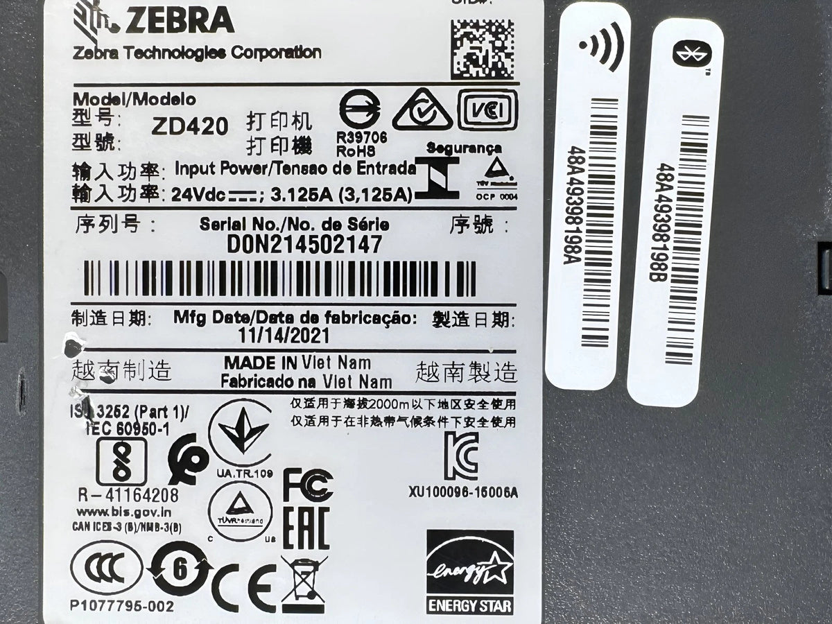 Zebra ZD420 300DPI Thermal Label Printer WiFi USB Bluetooth Wireless